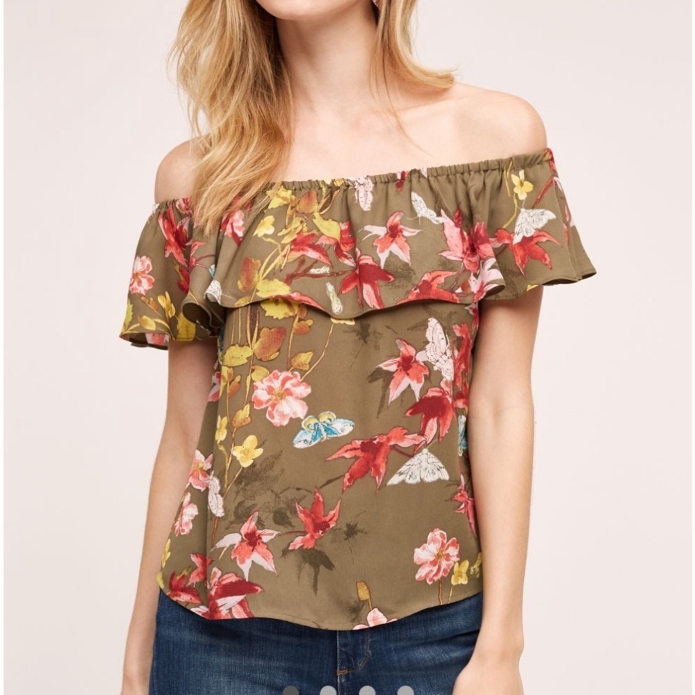 Maeve Vallita Off The Shoulder Top Green Multi Floral Small Boho Feminine Ruffle